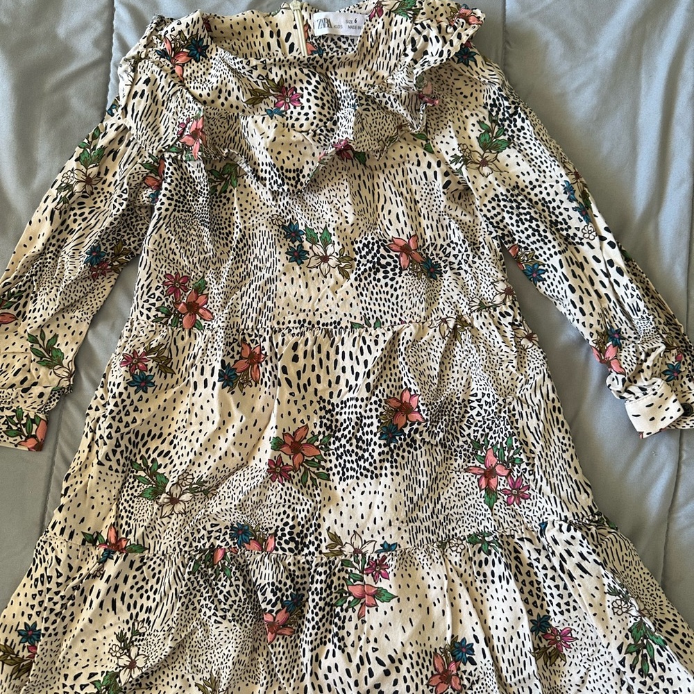 Zara Cream Floral Print Ruffle Neck Kids Dress with Pink & Green Accents